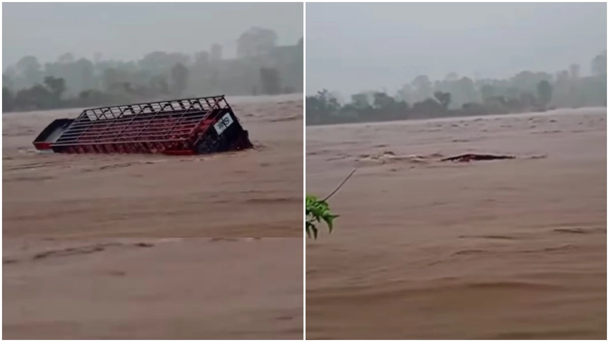 जबलपुर में गैस सिलेंडर से भरा ट्रक बाढ़ में बहा, 25 सिलेंडर बहकर किनारे पहुंचे