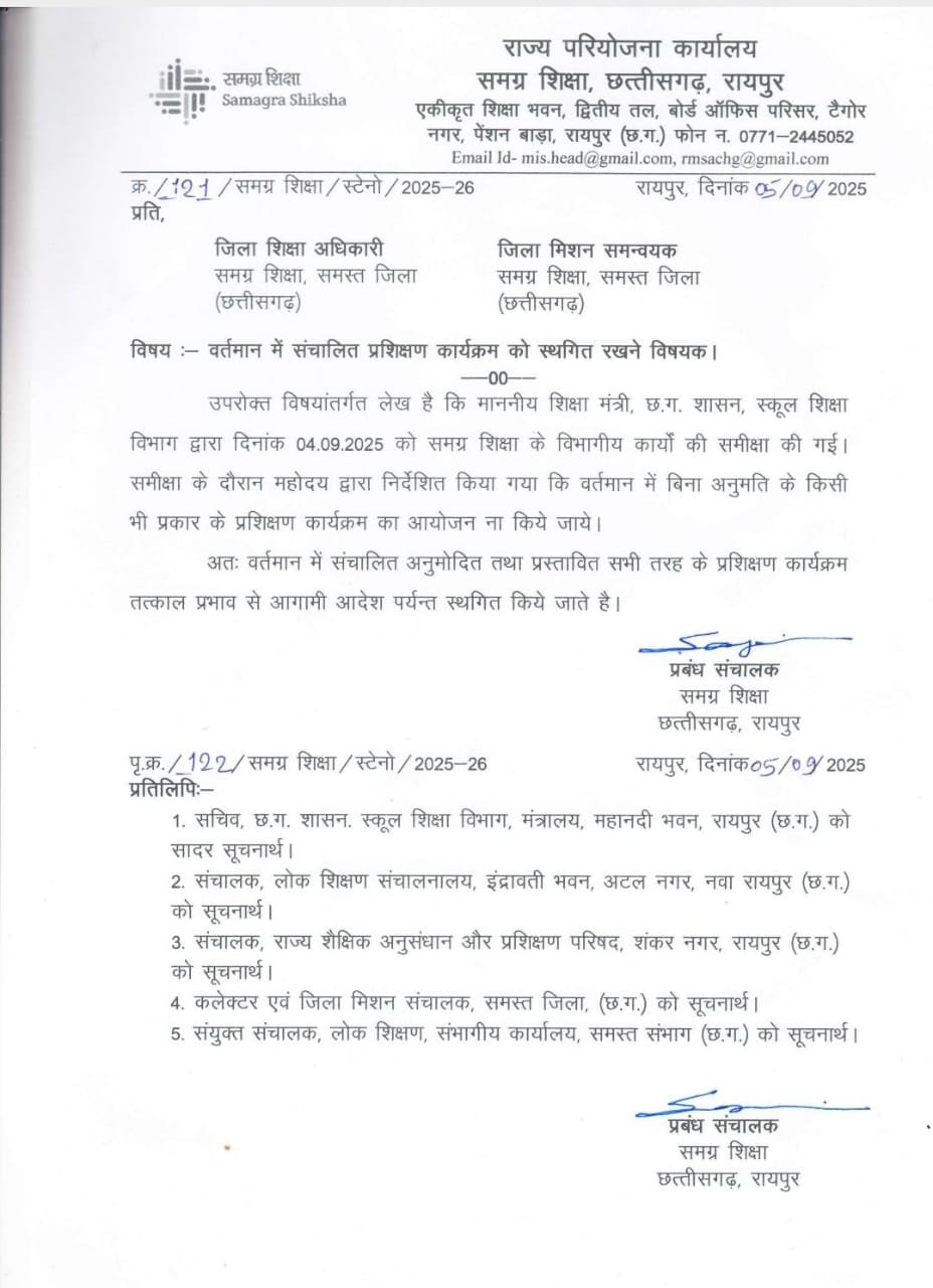 Teacher Training Cancel: छत्तीसगढ़ में शिक्षकों की ट्रेनिंग पर लगी रोक! समग्र शिक्षा ने भी रद्द किए सभी प्रशिक्षण कार्यक्रम