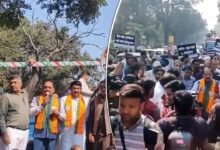 AI समिट में हंगामे के खिलाफ बीजेपी का हल्ला बोल, कांग्रेस ऑफिस के सामने प्रदर्शन