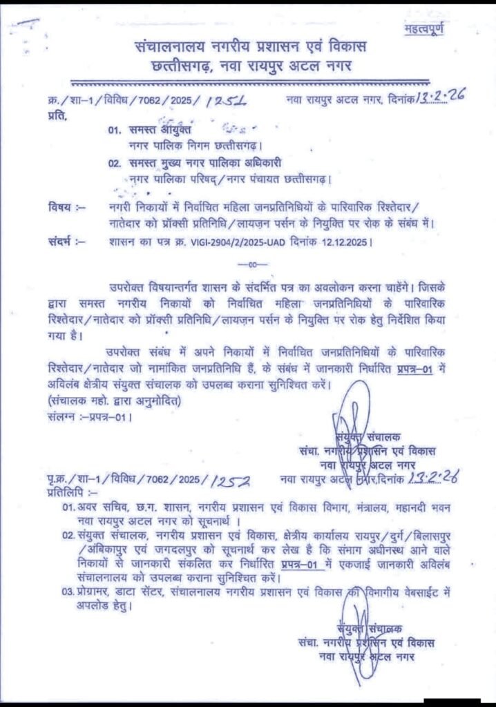 नगरीय प्रशासन द्वारा तीसरी बार फिर जारी किया गया महिला जनप्रतिनिधियों के पारिवारिक के प्रॉक्सी प्रतिनिधि के रोक के संबंध में आदेश