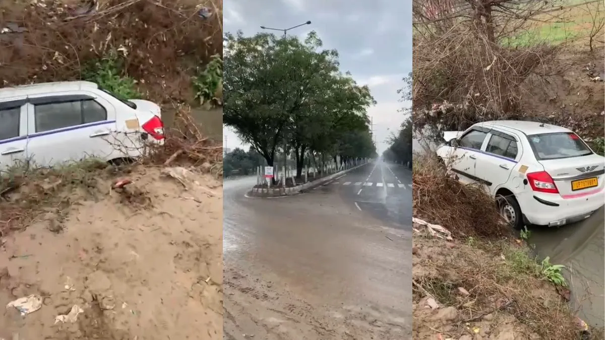 ग्रेटर नोएडा में 90 डिग्री मोड़ पर फिर हादसा, नाले में गिरी कार; पानी कम होने से बची जान
