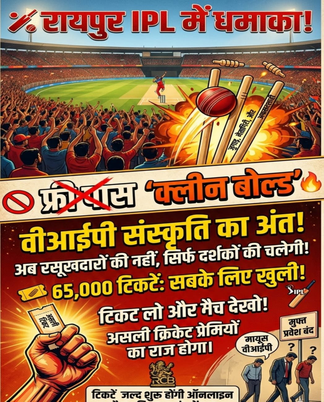 फ्री पास पर ‘क्लीन बोल्ड’: रायपुर IPL में अब नेताओं-अफसरों को नहीं मिलेगी मुफ्त में एंट्री, सभी 65 हजार टिकट बिकेंगे