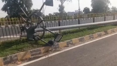 हाई-मास्ट लाइट से टकराकर पलटी स्लीपर बस, 13 घायल; ड्राइवर को झपकी आने से हुआ हादसा