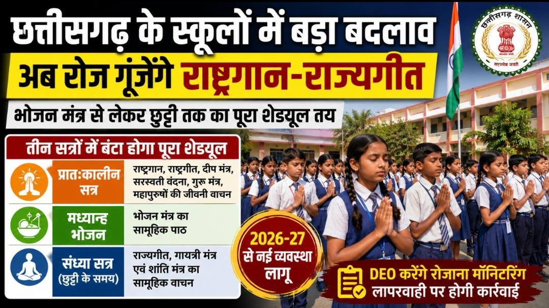 छत्तीसगढ़ के स्कूलों में बड़ा बदलाव: अब रोज गूंजेंगे राष्ट्रगान-राज्यगीत, भोजन मंत्र से लेकर छुट्टी तक का पूरा शेड्यूल तय छत्तीसगढ़ के स्कूलों में बड़ा बदलाव: अब रोज गूंजेंगे राष्ट्रगान-राज्यगीत, भोजन मंत्र से लेकर छुट्टी तक का पूरा शेड्यूल तय
