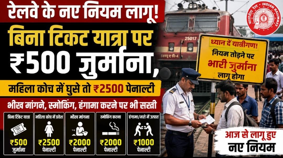 बिना टिकट सफर अब पड़ेगा महंगा: रेलवे ने जुर्माना दोगुना किया, महिला कोच में घुसे तो ₹2500 पेनाल्टी बिना टिकट सफर अब पड़ेगा महंगा: रेलवे ने जुर्माना दोगुना किया, महिला कोच में घुसे तो ₹2500 पेनाल्टी