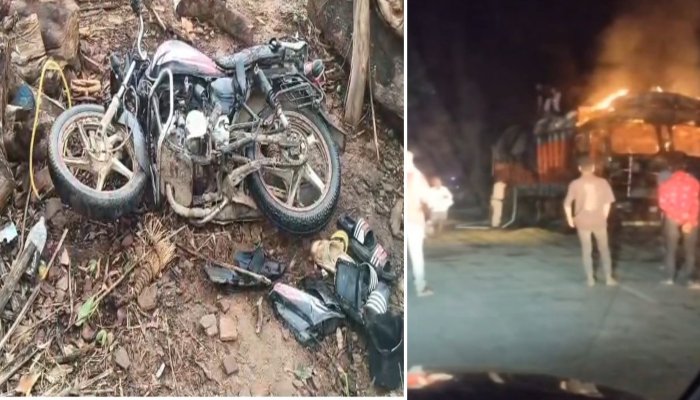 सड़क किनारे खड़े ट्रक से टकराई बाइक, तीन युवकों की मौत; आक्रोशित ग्रामीणों ने वाहन में लगाई आग
