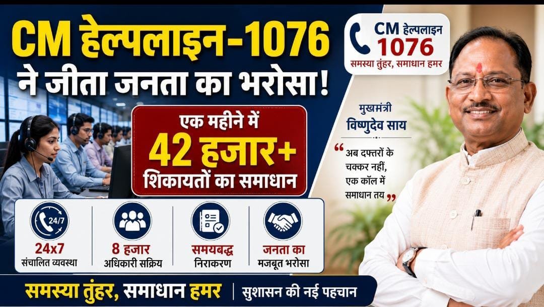 सुशासन का नया मॉडल: CM हेल्पलाइन-1076 बनी जनता की आवाज, 24×7 सेवा से 42 हजार शिकायतों का हुआ समाधान सुशासन का नया मॉडल: CM हेल्पलाइन-1076 बनी जनता की आवाज, 24×7 सेवा से 42 हजार शिकायतों का हुआ समाधान