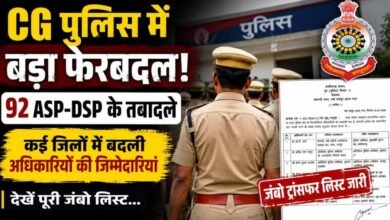 CG Police Transfer: राज्य पुलिस सेवा में बड़ा फेरबदल, 92 ASP-DSP अधिकारियों के तबादले, कई जिलों में बदली जिम्मेदारियां CG Police Transfer: राज्य पुलिस सेवा में बड़ा फेरबदल, 92 ASP-DSP अधिकारियों के तबादले, कई जिलों में बदली जिम्मेदारियां