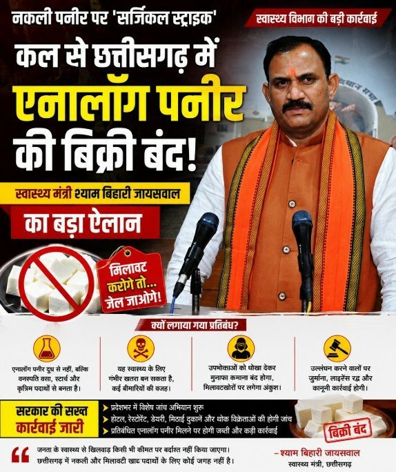 छत्तीसगढ़ में ‘नकली पनीर’ पर बड़ा प्रहार: कल से एनालॉग पनीर बैन, स्वास्थ्य मंत्री बोले—‘सेहत से खिलवाड़ नहीं चलेगा’ छत्तीसगढ़ में ‘नकली पनीर’ पर बड़ा प्रहार: कल से एनालॉग पनीर बैन, स्वास्थ्य मंत्री बोले—‘सेहत से खिलवाड़ नहीं चलेगा’