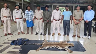 तेंदुए की खाल लेकर बाइक से निकले थे तीन तस्कर : नारायणपुर में वन विभाग ने घेराबंदी कर पकड़ा; खाल और दो बाइक जब्त