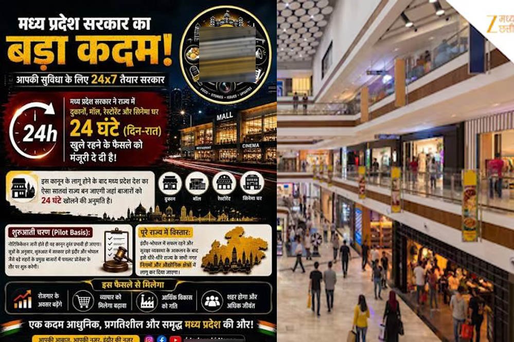 मध्य प्रदेश में नाइट लाइफ को बढ़ावा, 24 घंटे खुल सकेंगे मॉल-होटल और दुकानें; कर्मचारियों के लिए बड़ा नियम मध्य प्रदेश में नाइट लाइफ को बढ़ावा, 24 घंटे खुल सकेंगे मॉल-होटल और दुकानें; कर्मचारियों के लिए बड़ा नियम