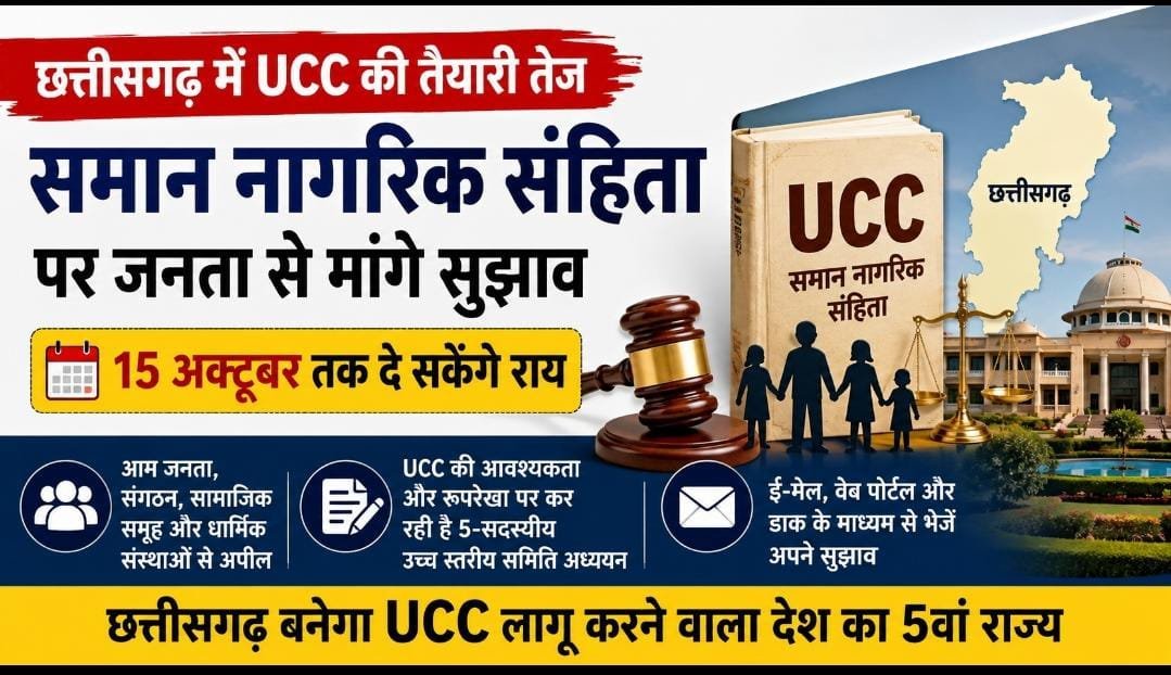 छत्तीसगढ़ में UCC की तैयारी तेज: 15 अक्टूबर तक जनता से मांगे सुझाव, नया कानून कैसा हो इस पर सरकार लेगी राय