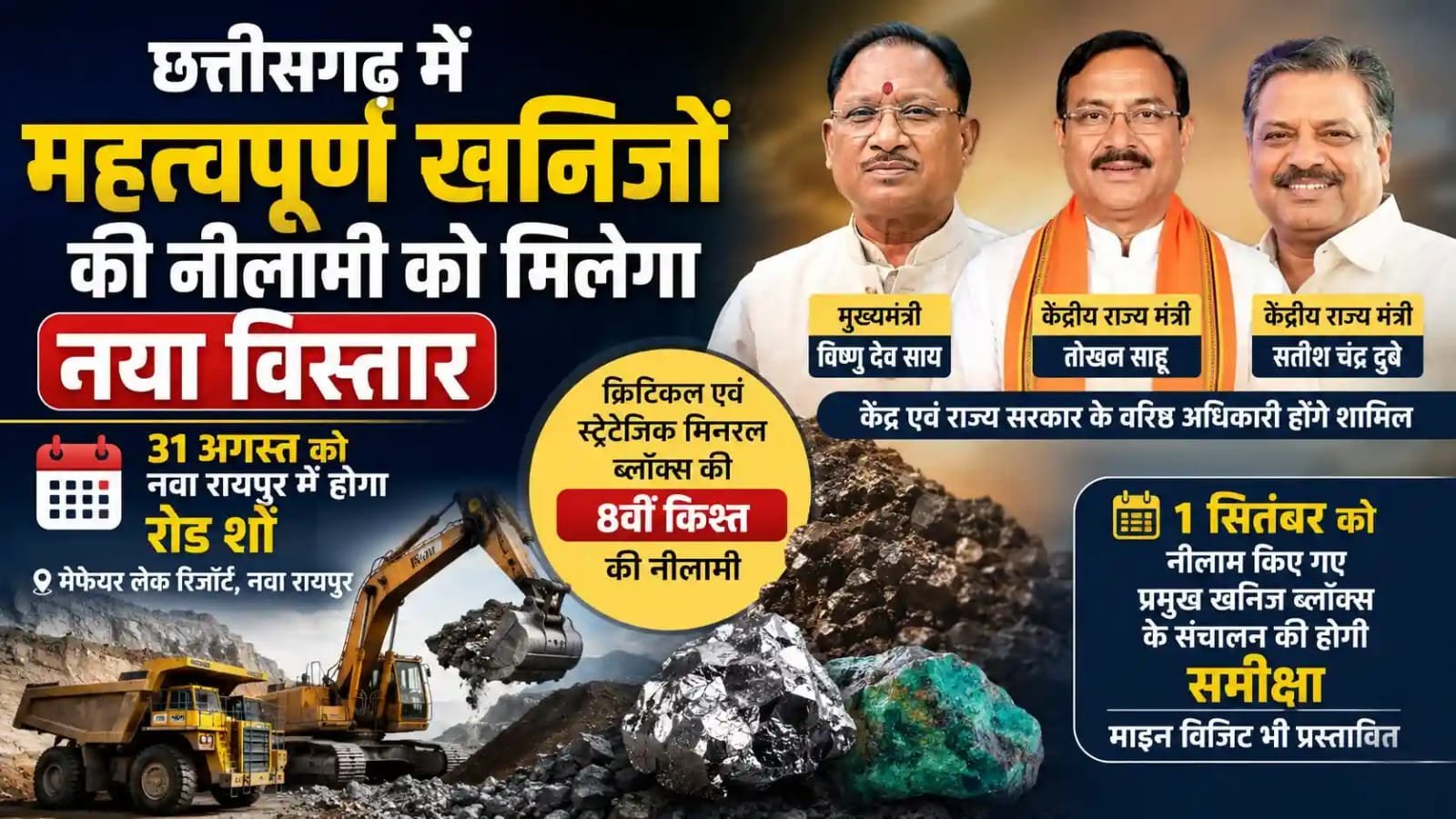 छत्तीसगढ़ में 20 महत्वपूर्ण खनिज ब्लॉक्स की नीलामी : 31 अगस्त को नवा रायपुर में रोड शो, निवेश और अन्वेषण को मिलेगा बड़ा बढ़ावा
