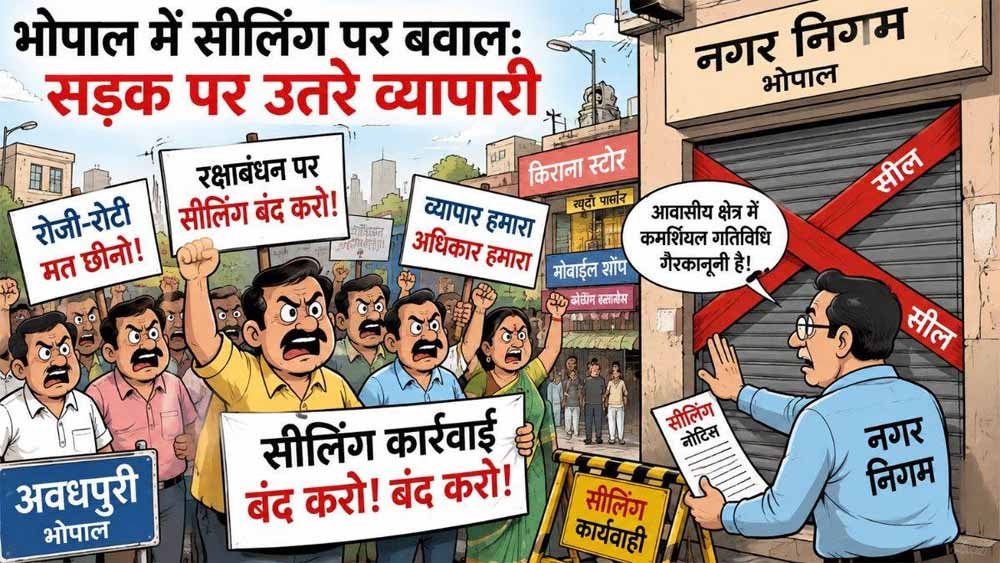 सीलिंग के विरोध में भोपाल के व्यापारियों का प्रदर्शन, सड़क पर उतरे दुकानदार
