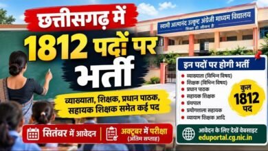छत्तीसगढ़ में 1812 पदों पर भर्ती: स्वामी आत्मानंद स्कूलों में शिक्षक समेत कई पद, सितंबर में आवेदन और अक्टूबर में होगी परीक्षा