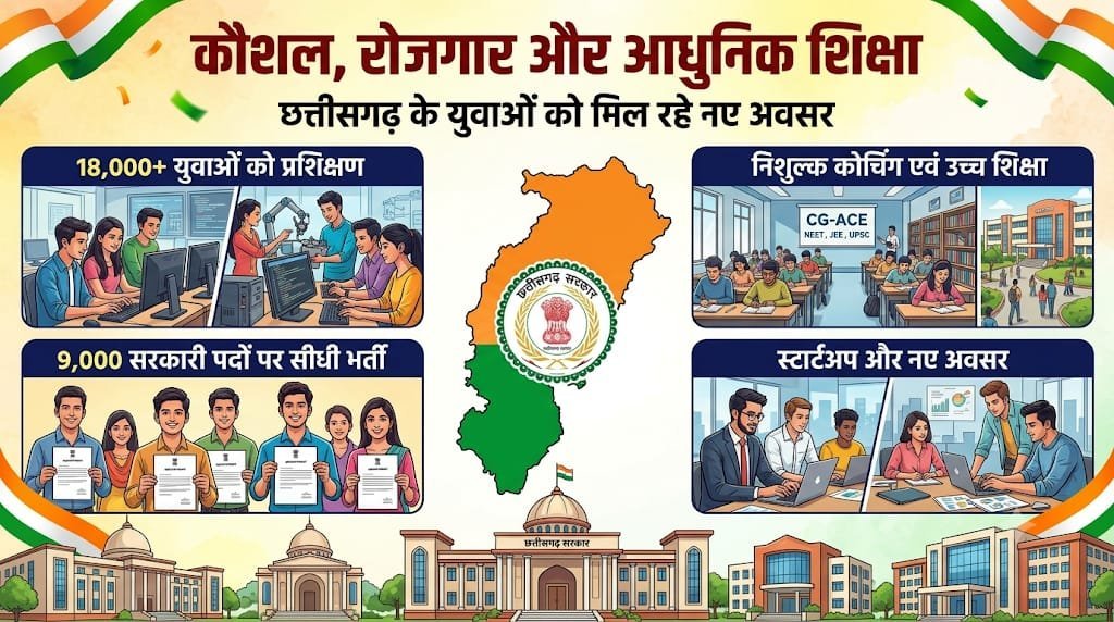 विशेष लेख : CG में युवाओं के लिए रोजगार के नए अवसर, 18,330 को कौशल प्रशिक्षण, 9 हजार सरकारी पदों पर सीधी भर्ती प्रक्रिया आगे बढ़ी विशेष लेख : CG में युवाओं के लिए रोजगार के नए अवसर, 18,330 को कौशल प्रशिक्षण, 9 हजार सरकारी पदों पर सीधी भर्ती प्रक्रिया आगे बढ़ी
