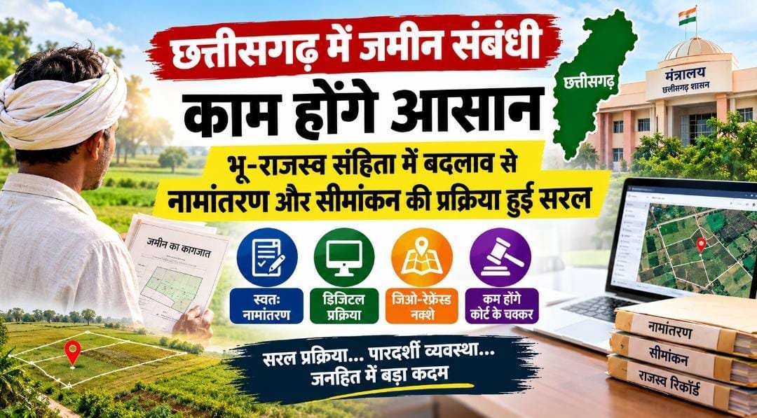 विशेष लेख : छत्तीसगढ़ में जमीन संबंधी काम होंगे आसान, भू-राजस्व संहिता में बदलाव से नामांतरण और सीमांकन की प्रक्रिया हुई सरल विशेष लेख : छत्तीसगढ़ में जमीन संबंधी काम होंगे आसान, भू-राजस्व संहिता में बदलाव से नामांतरण और सीमांकन की प्रक्रिया हुई सरल