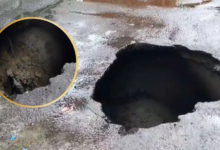 लखनऊ में बारिश से हाल बेहाल, पूर्व डिप्टी CM दिनेश शर्मा के आवास के पास धंसी सड़क, बना 10 फीट गहरा खतरनाक गढ्ढा