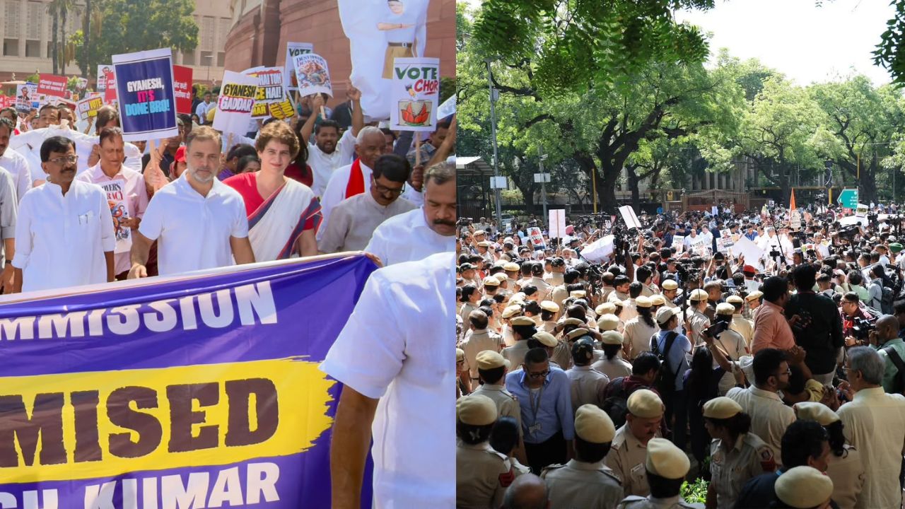 “ज्ञानेश कुमार इस्तीफा दो” नारों के साथ INDIA गठबंधन का हल्लाबोल, सांसदों ने निकाला विरोध मार्च, बैरिकेड पर चढ़े राहुल गांधी