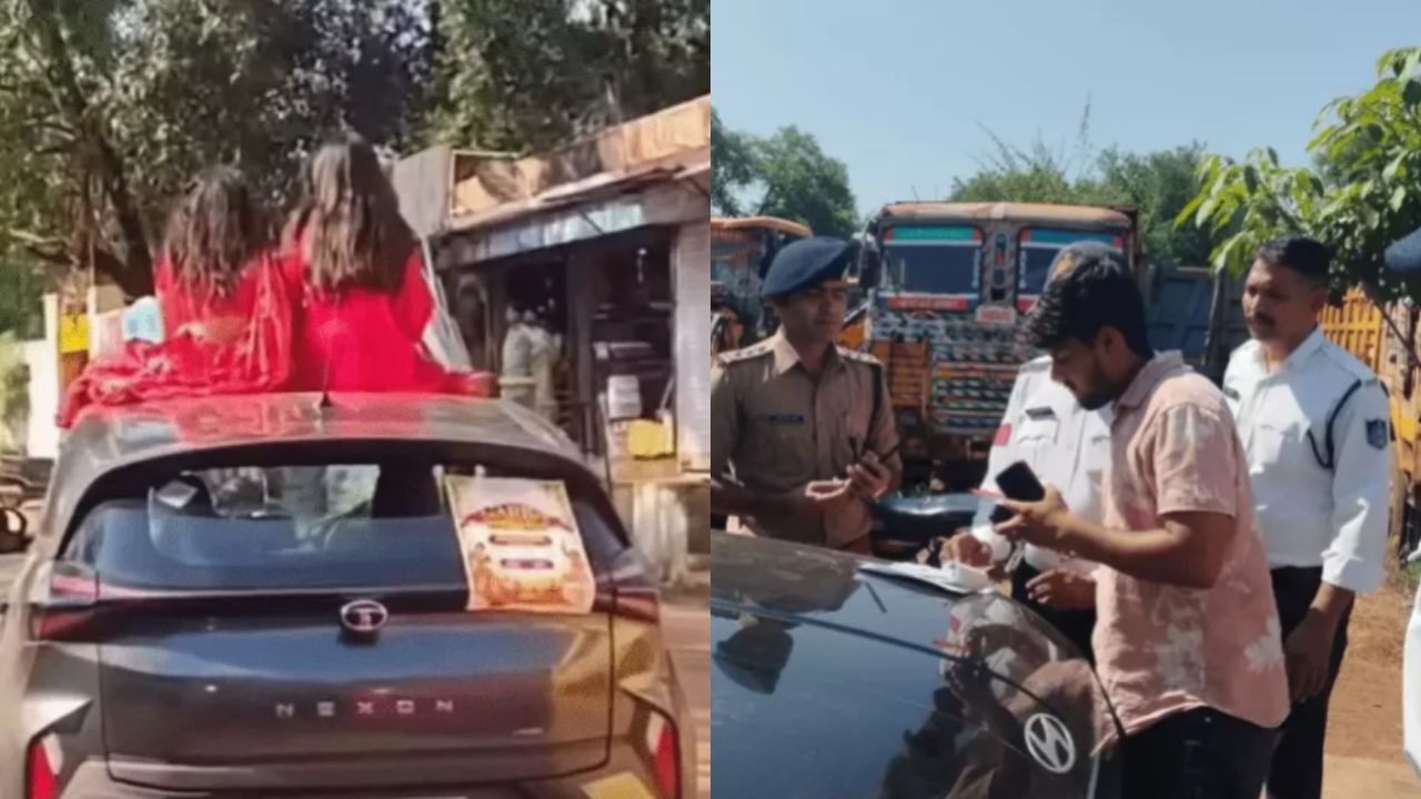 शिवपुरी: कार की छत पर बैठ गरबा इवेंट का प्रचार कर रही थी युवतियां, यातायात पुलिस ने काटा चलान शिवपुरी: कार की छत पर बैठ गरबा इवेंट का प्रचार कर रही थी युवतियां, यातायात पुलिस ने काटा चलान