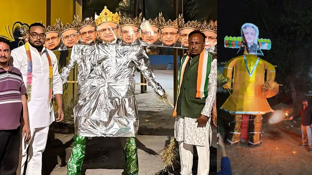 दशहरे पर इंदौर में कांग्रेस का अनोखा विरोध प्रदर्शन, रावण के पुतले पर लगाया ज्ञानेश कुमार का चेहरा, फिर किया दहन दशहरे पर इंदौर में कांग्रेस का अनोखा विरोध प्रदर्शन, रावण के पुतले पर लगाया ज्ञानेश कुमार का चेहरा, फिर किया दहन